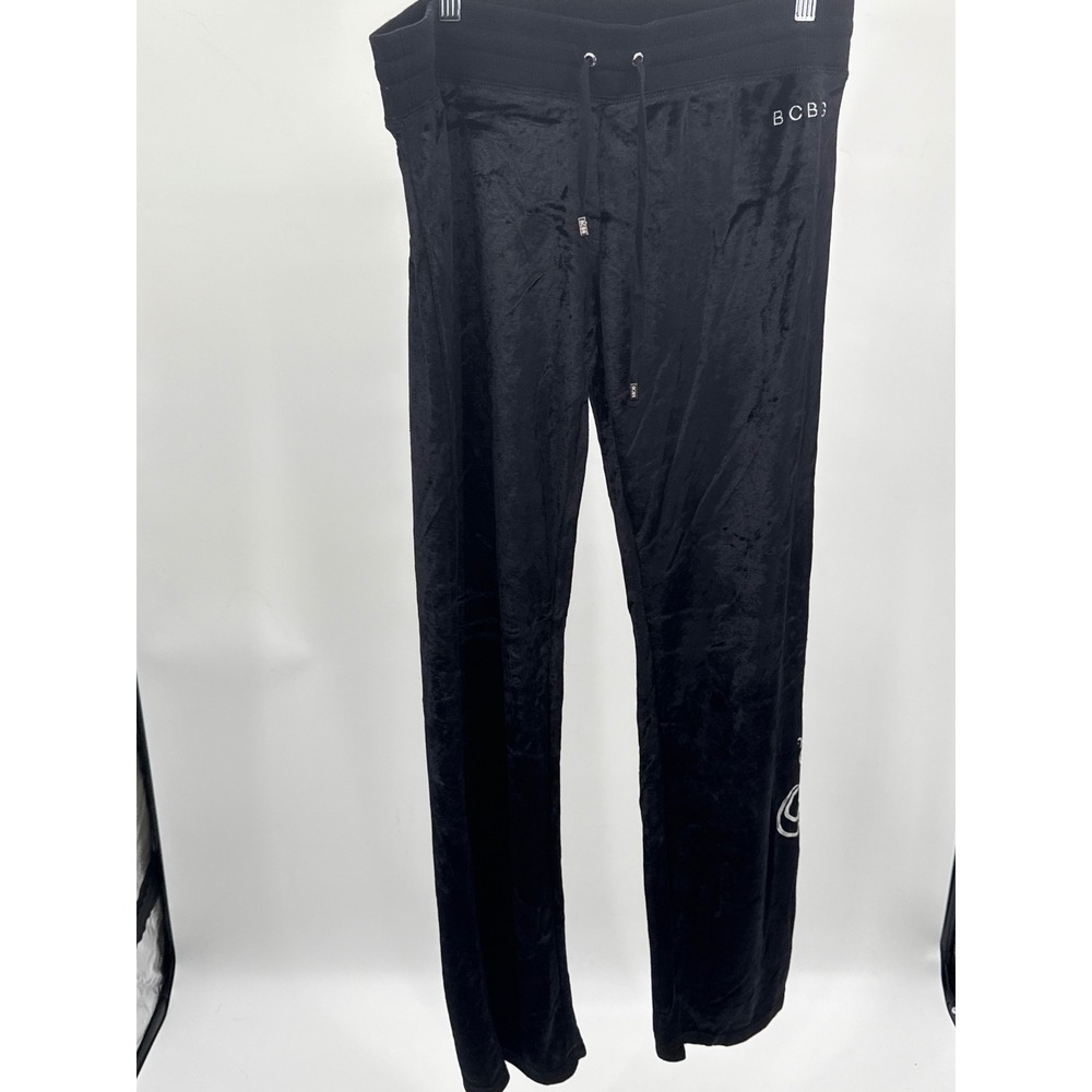 BCBG Black Velour Track Pants XL Joggers Y2K Graphic Flap Pocket BC13511P